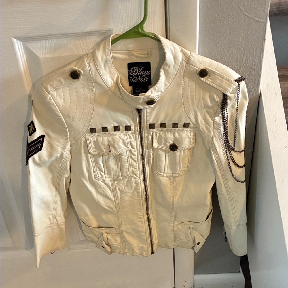 Blanc Noir Women's Cream Leather Jacket with Chain Details